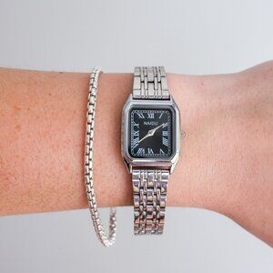 y2k silver stainless steel quartz watch w/ black square face